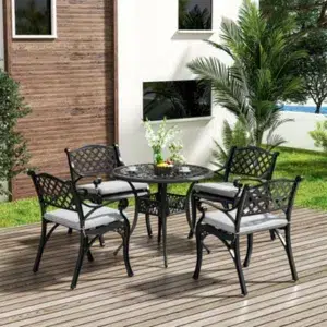 Living And Home Set Of 5 Retro Cast Aluminum Garden Bistro Furniture Set Round Table Chair Set With Cushions Black