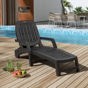 Living And Home Foldable Garden Sun Lounge Plastic Lounger Recliner Armchair With Wheels Black