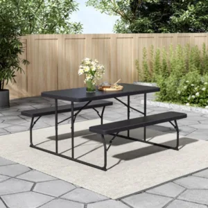 Living And Home Wood Texture Foldable 4 Seater Picnic Table And Bench Set Black