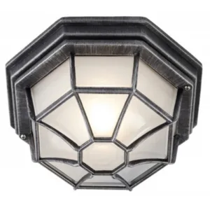 Happy Homewares Traditional Hexagonal Black/Silver Flush Ceiling Porch Light Black/Silver/Light