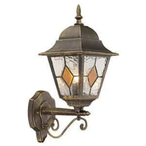 Happy Homewares Black/Gold Cast Aluminium Outdoor Wall Light With Amber Leaded Glass Black/Gold/Light