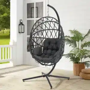 Living And Home Dark Grey Foldable Woven Egg Swing Chair Garden Relaxing Hanging Chair With Metal Stand And Seat Cushion Dark/Grey