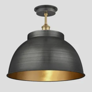 Industville Brooklyn Outdoor & Bathroom Dome Flush Mount, 17 Inch, Pewter & Brass, Brass Holder Light