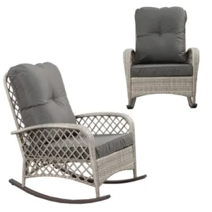 B&Q Patio Rattan Rocking Chair, Relaxer Wicker Rocker Armchair With Soft Cushion, All-Weather Steel Frame - Gray