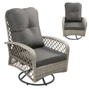 B&Q Patio Rattan Swivel Chair, 360 Degrees Swivel Lounge Armchair With Soft Cushion, Weatherproof Pe Ratta - Gray