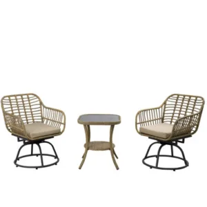 B&Q 3 Pcs Rattan Garden Furniture Set, 360 Degrees Lounge Swivel Chair With Tempered Glass Coffee Table And Soft Cushions