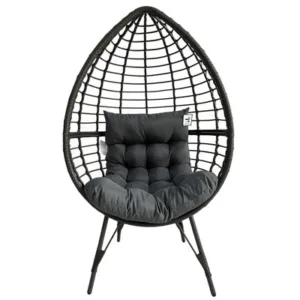 B&Q Rattan Standing Egg Chair With Soft Cushion, Durable Metal Frame, Max Load 180 Kg - Gray