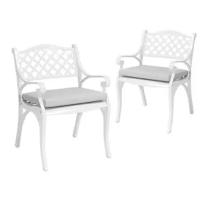 Living And Home Set Of 2 Retro Curved Seat Cast Aluminum Garden Chairs Patio Dining Armchair Set With Cushions White