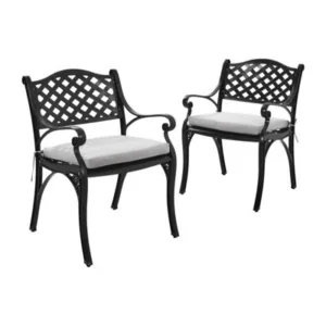 Living And Home Set Of 2 Retro Curved Seat Cast Aluminum Garden Chairs Patio Dining Armchair Set With Cushions Black