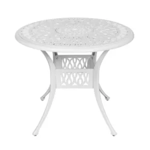 Living And Home Vintage Round Cast Aluminum Outdoor Bistro Dining Table With Umbrella Hole 90 Cm White