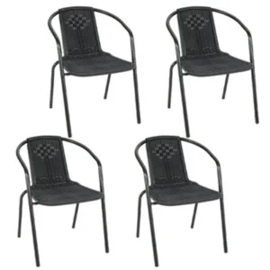 Living And Home Set Of 4 Vintage Style Stacking Rattan Patio Garden Chairs Outdoor Armchairs With Metal Frame Black