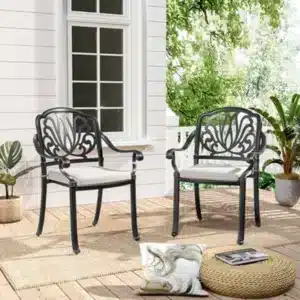 Living And Home Set Of 2 Cast Aluminum Outdoor Dining Chairs Patio Stackable Armchairs With Cushions 93 Cm Black