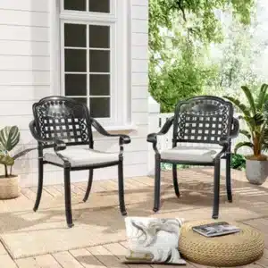 Living And Home Set Of 2 Cast Aluminum Outdoor Dining Chairs Patio Stackable Armchairs With Cushions Black