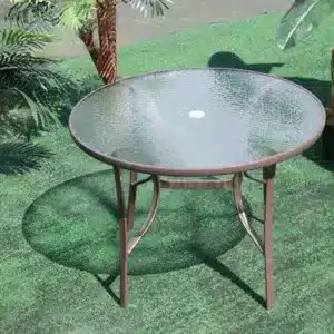 Living And Home Round Garden Tempered Glass Top Outdoor Patio Dinging Table With Parasol Hole 105Cm Brown