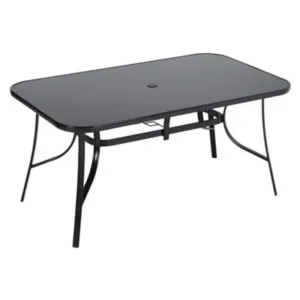 Living And Home Rectangular Metallic And Tempered Glass Garden Dinging Table With Parasol Hole Outdoor 150 Cm Black