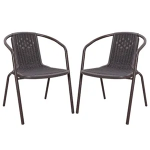 Living And Home Set Of 2 Vintage Style Stacking Rattan Patio Garden Chairs Outdoor Armchairs With Metal Frame Brown