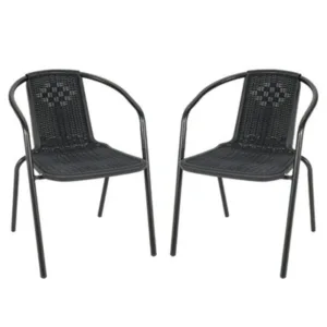 Living And Home Set Of 2 Vintage Style Stacking Rattan Patio Garden Chairs Outdoor Armchairs With Metal Frame Black