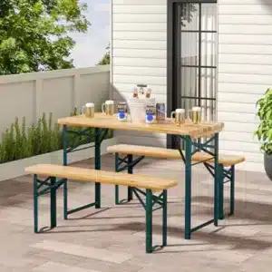 Living And Home Set Of 3 Garden Patio Metal Wood Folding Table Bench Set Camping Outdoor Furniture Set