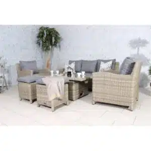 Clifton 7 Seater Garden Furniture Set - 6 Piece - Deluxe Rattan Sofa Dining Set With Adjustable Height Table, 3 Seat Sofa And 2 Armchairs Beige/Grey