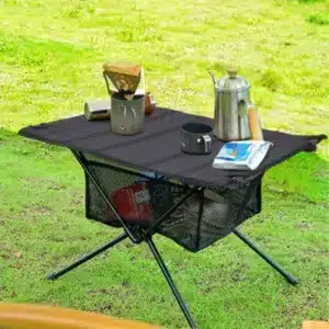 H&O Direct Outdoor Folding Picnic Camping Table With Mesh Shelf Portable Aluminum Roll Up Table With Storage Bag For Camping Bbq Light