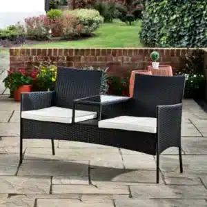 Teamson Home Outdoor Garden Bench, Loveseat Bench, Garden Chair, Patio Furniture, Built-In Table, - 139.7 X 61.6 X 81.9 (Cm) Black